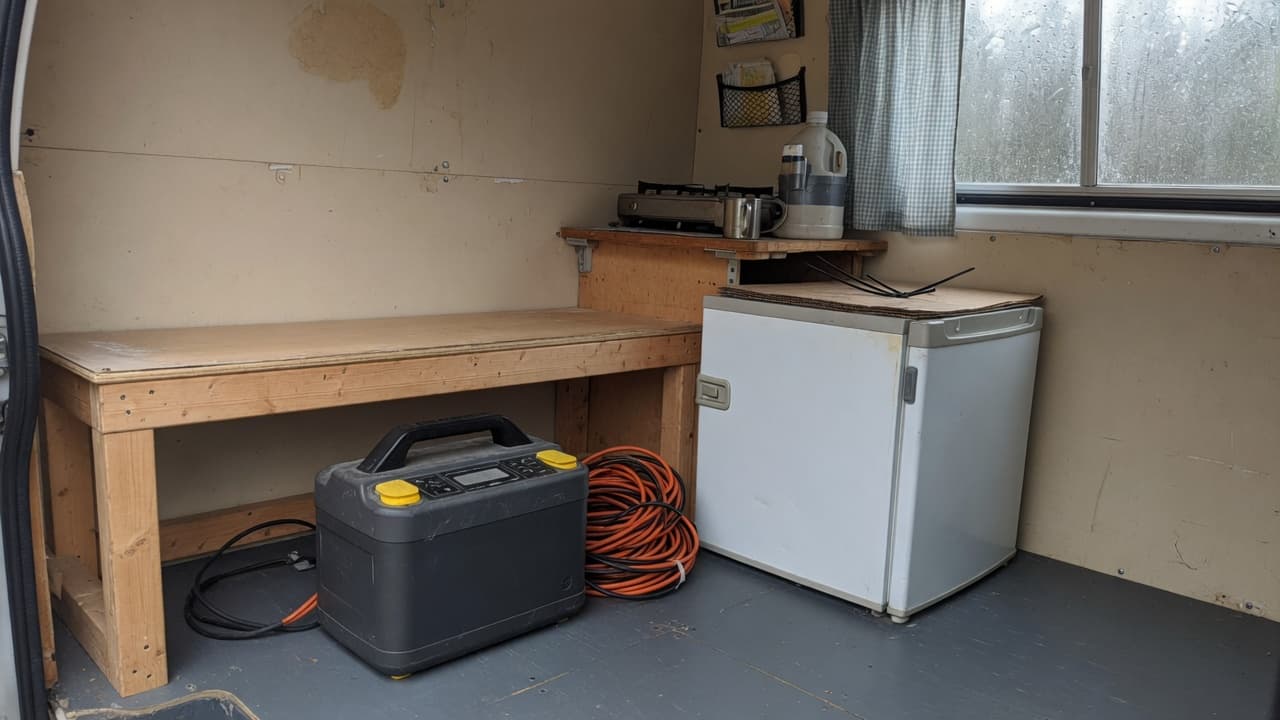 Power station on a van floor next to a compact fridge and a cable coil