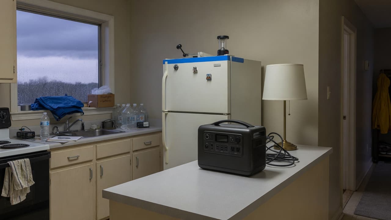 Power station on a kitchen counter next to a lamp, with a refrigerator nearby