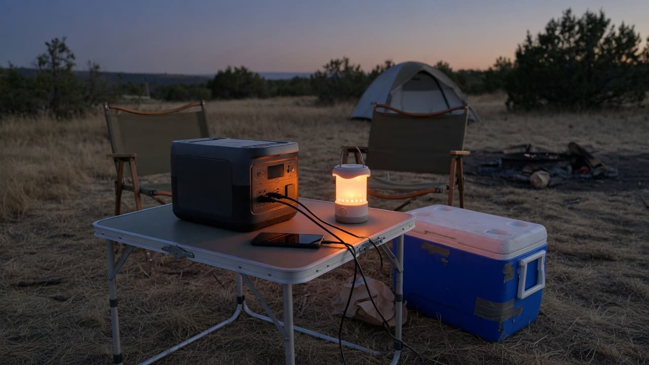 Power station on a camp table with a lantern and phone at dusk